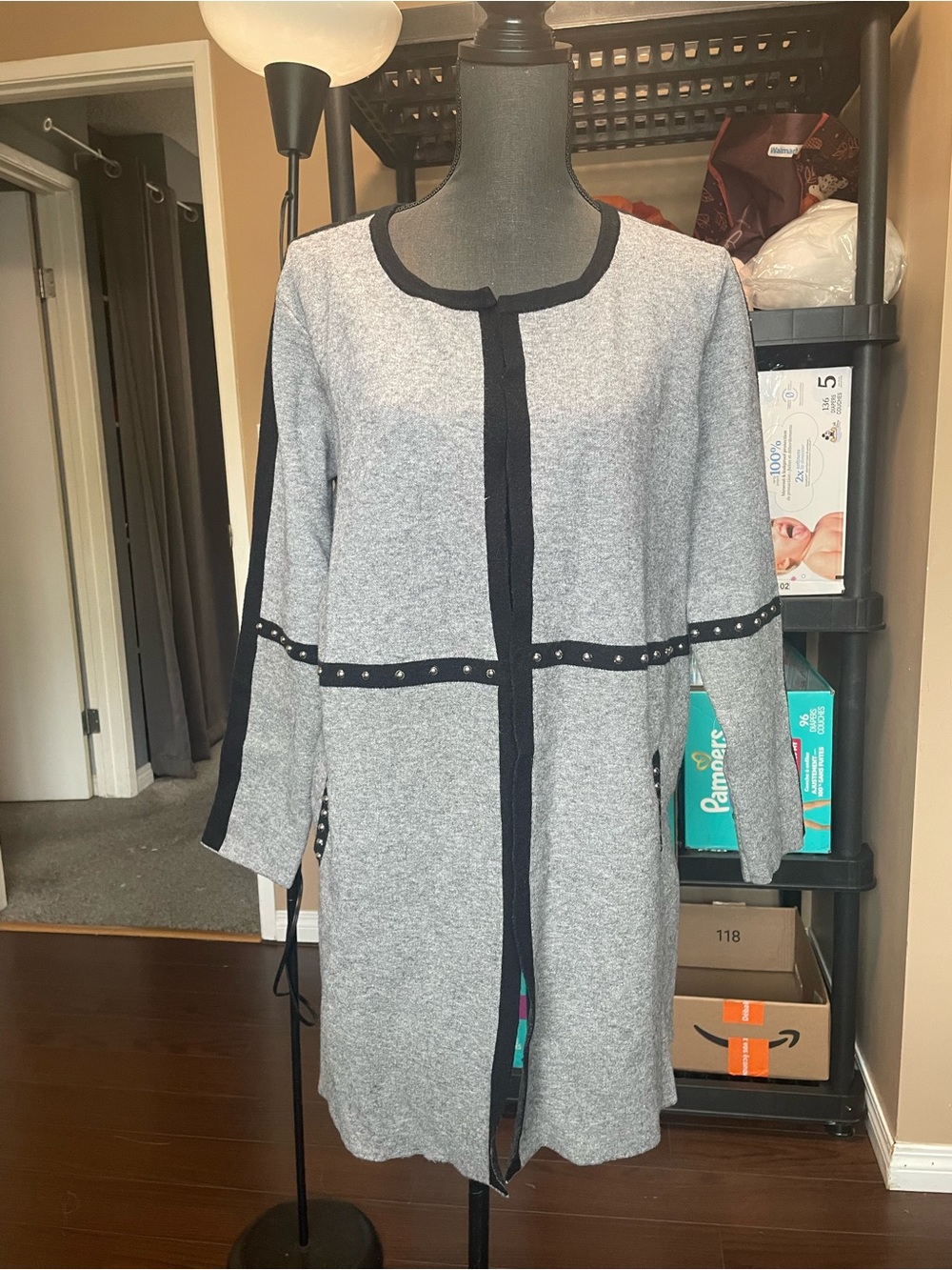 Elena Wang Grey Open Front Long Cardigan Sweater Jacket